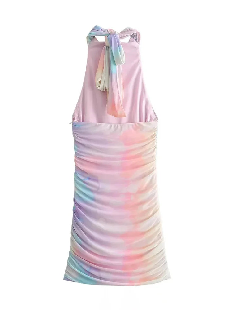 Woman Summer Tulle Gradient Halter Mini Dress Ruched Backless Slim Dresses Female Sleeveless Short Dress