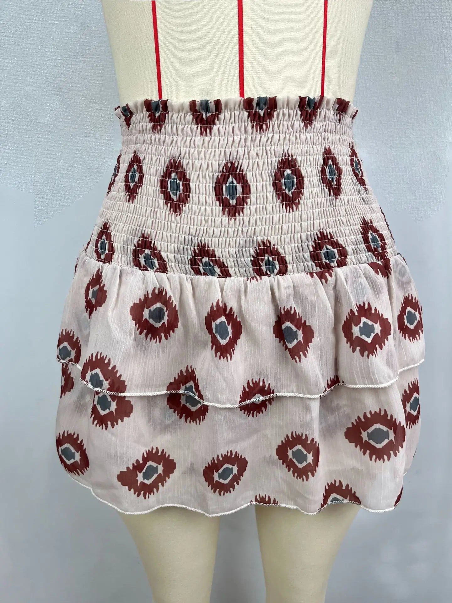 New Woman Ruffles Hem Mini Printed Shirt Skirt 2 Piece Set Female Puff Sleeve Blouse High Waist Mini Dress Suit Outfits