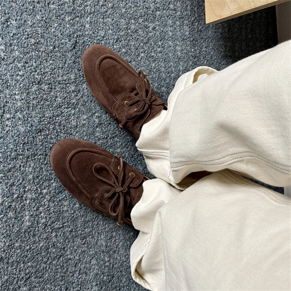 Ballet Flats Shoes Suede Leather Lace Up Loafers Flats Heels Street Office Lady Loafers Shoe