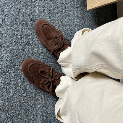 Ballet Flats Shoes Suede Leather Lace Up Loafers Flats Heels Street Office Lady Loafers Shoe