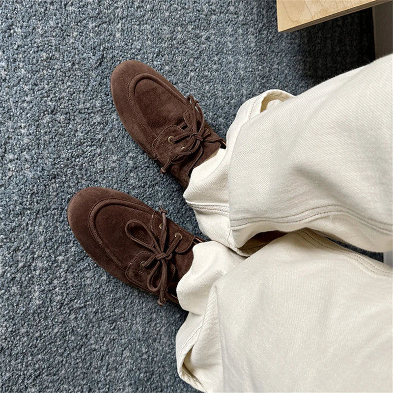 Ballet Flats Shoes Suede Leather Lace Up Loafers Flats Heels Street Office Lady Loafers Shoe