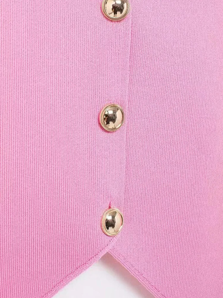 Knit Short Vest for V Neck Single Breasted Sleeveless Waistcoat Pink Top Female New Lady Classic