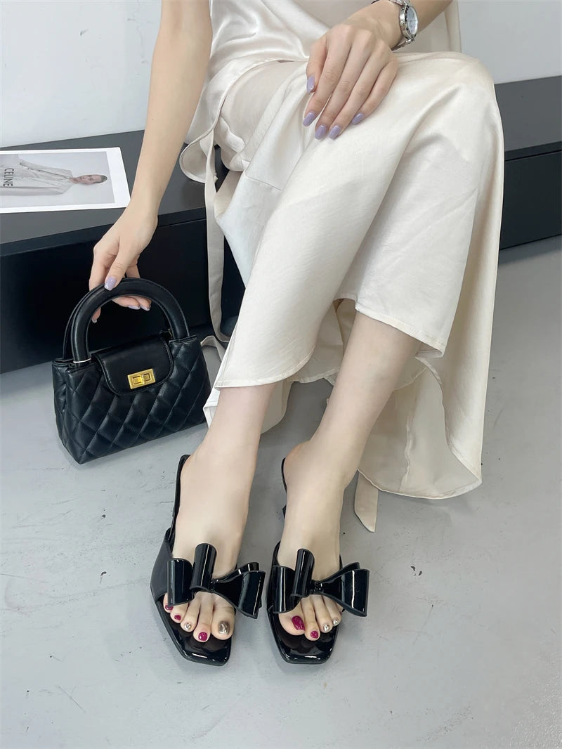 Patent Leather Butterfly Knot Slippers Square Toe Summer Sandals Low Thin Heels Mules Slides Shoes Size 39