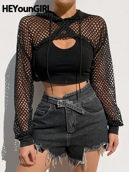 Summer Mesh T Shirt Hollow Out Smocked Crop Tops Long Sleeve Hoodies Tees Shirt Fishnet T-shirt