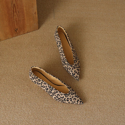 Real Sheep Leather Dress Shoes Leopard Pointed Toe Slip on Pumps