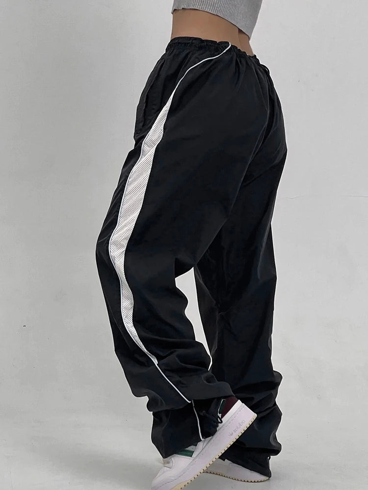 American Retro Straight Leg Track Pants Side Contrast Patchwork Elastic Waist Hippie Jogging Trousers