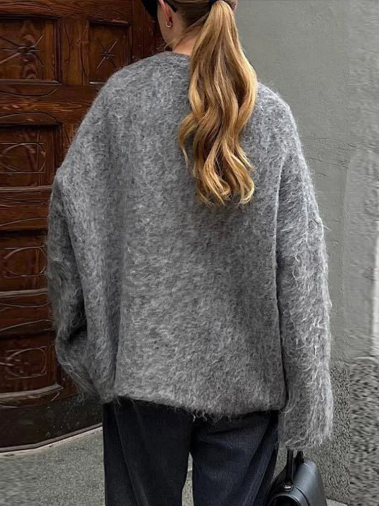 Knitted Cardigans Single Breasted V-neck Loose Long Sleeve Sweater Winter Gray All-match Coat Tops