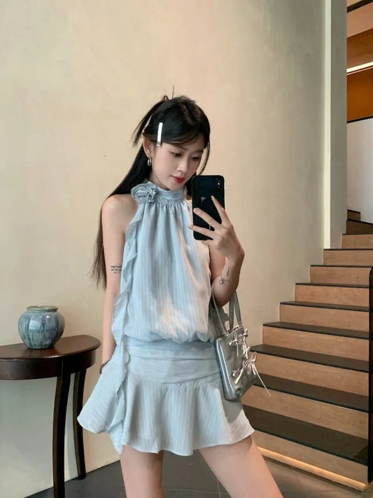 Dresses Sleeveless Striped Halter Flowers Ribbon Sweet Mini Dress Party Female