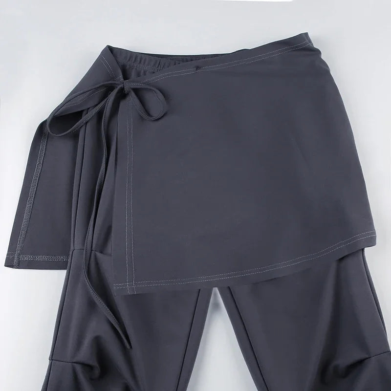 Retro Fake Two Piece Wideleg Pants Spring New High Street Drawstring Laceup Color Trousers