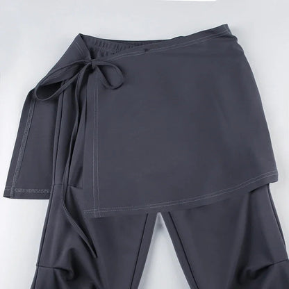 Retro Fake Two Piece Wideleg Pants Spring New High Street Drawstring Laceup Color Trousers