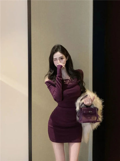 Mini Dresses Lace Patchwork Sweet Slim Long Sleeve Ruched Off Shoulder Spring Party Dress