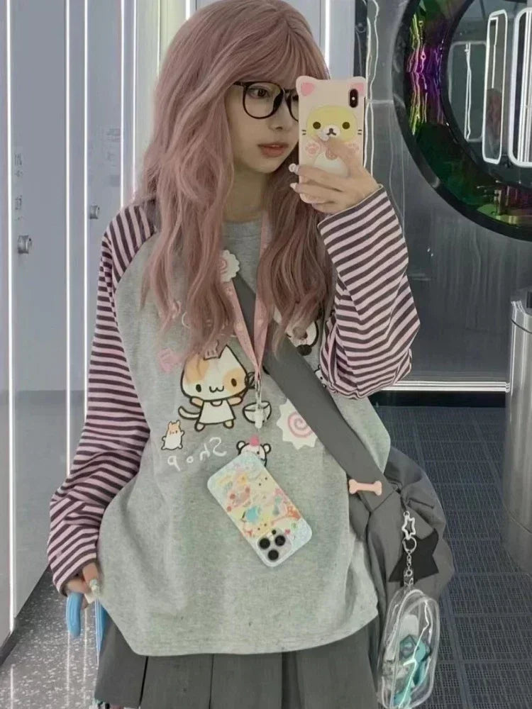 Harajuku Stripe T Shirt E-girl Kawaii Chinese Panda Graphic T-shirts Cutecore Cartoon Raglan Sleeve Clothes Autumn