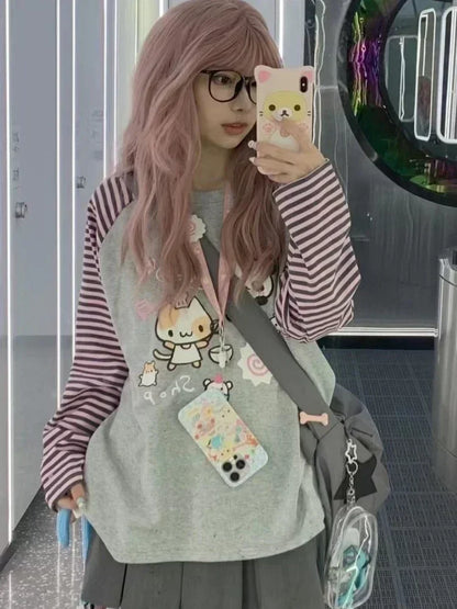 Harajuku Stripe T Shirt E-girl Kawaii Chinese Panda Graphic T-shirts Cutecore Cartoon Raglan Sleeve Clothes Autumn