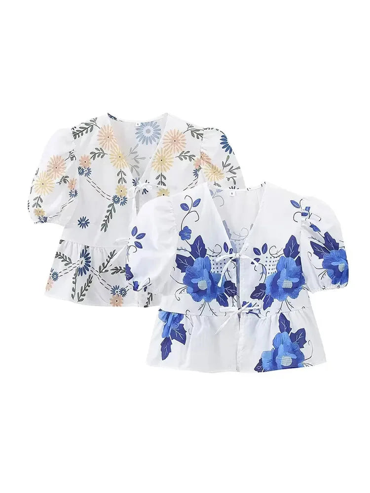 Summer Printed Short Sleeves Shirt Vneck Bow Laceup Cropped Top Female Sweet Blouse Top