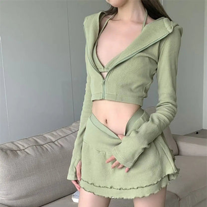 Y2k Autumn New Sling Neck With Small Strap Tank Top Hooded Coat Skirt 3 Piece Set
