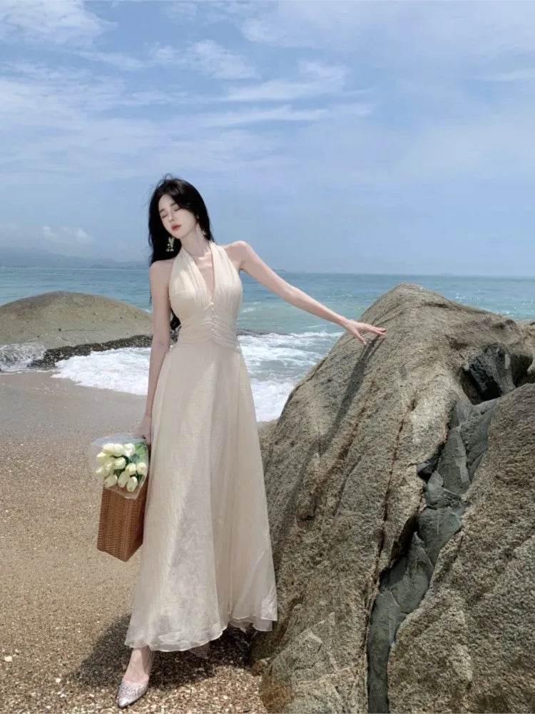 Summer Sleeveless Halter Long White Maxi Dress Tight Waist Vneck Beach Dress Robes Du Soir Evening Dresses Wedding Prom