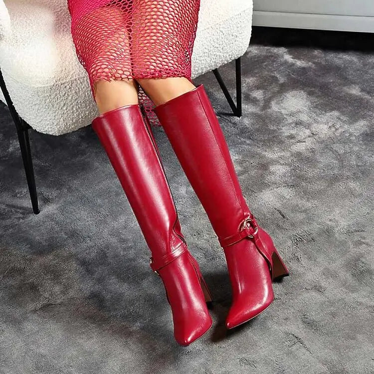 Burgundy Pointed Toe Heeled Knee High Boots With Ring Buckle Shoes Autumn