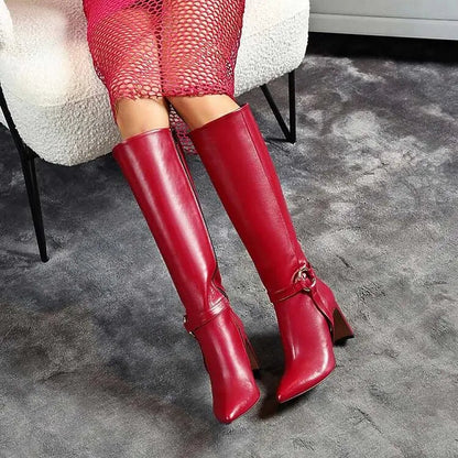 Burgundy Pointed Toe Heeled Knee High Boots With Ring Buckle Shoes Autumn