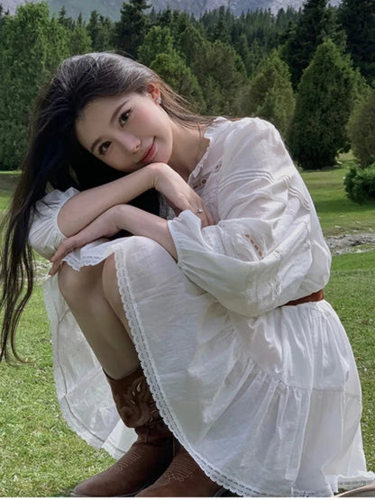 New Summer White Short Dresses for Lantern Sleeve With Belt Mini Dress French Style Shirt Vestidos