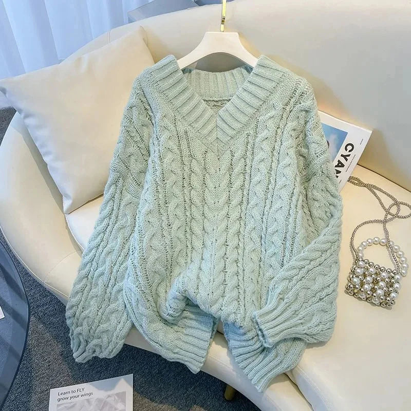 Harajuku Sweater Oversized Pink V Neck Knitted Pullovers Korean Long Sleeve Knitwear Winter Jumpers