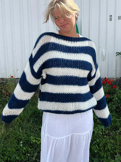 Stripe Loose Lazy Knitting Sweater Female Versatile Long Sleeves Pullover Sweater Autumn Winter Outwear Top