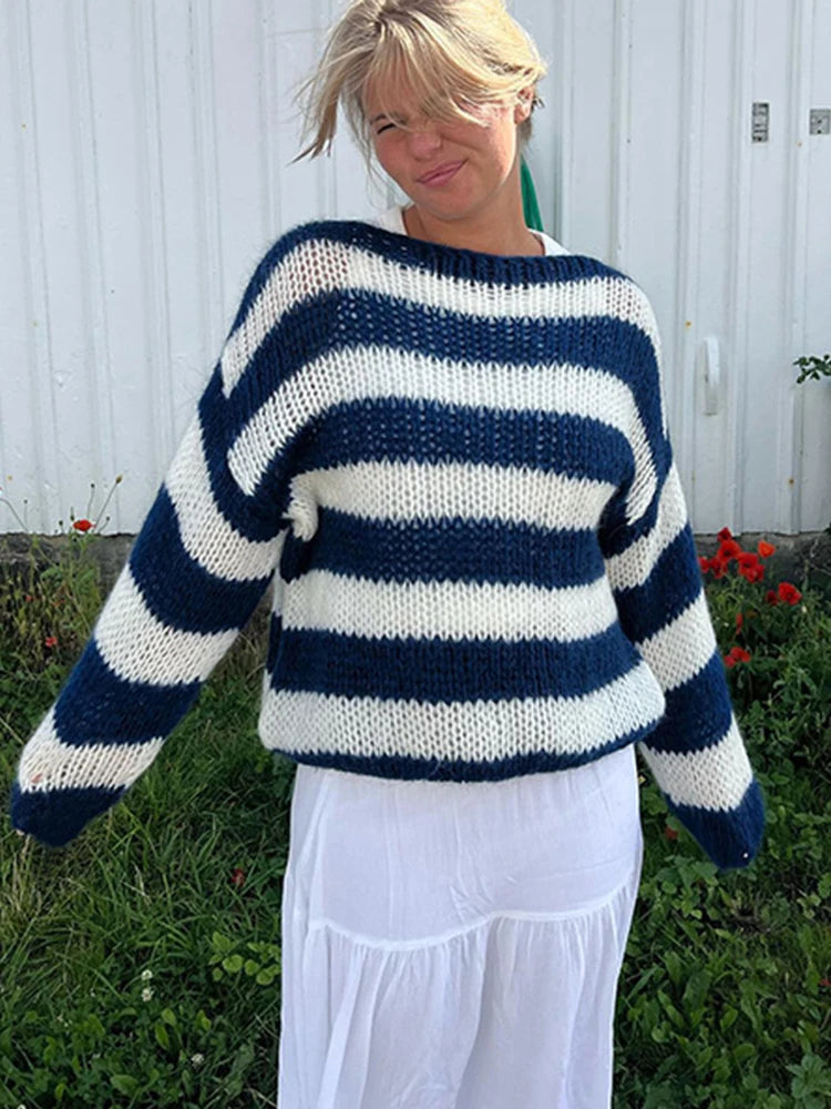 Stripe Loose Lazy Knitting Sweater Female Versatile Long Sleeves Pullover Sweater Autumn Winter Outwear Top