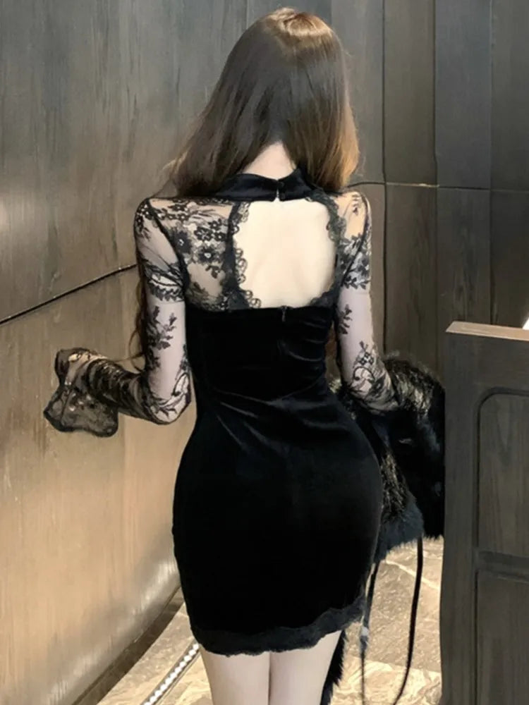 Velvet Mini Dress for Korean Lace Patchwork Flare Sleeve Party Short Dresses Female Slim Waist Vestidos New