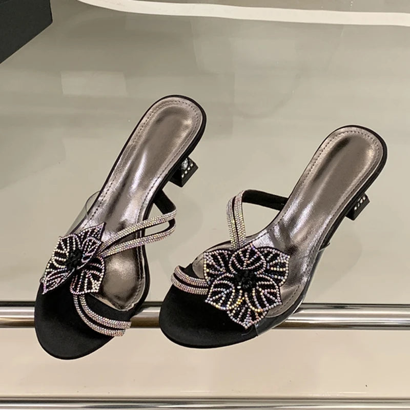 Outdoor Party Crystal Flower Slipper Transparent Sandal Rhinestone Low Heels Mules Slide Shoes Zapatos Mujer