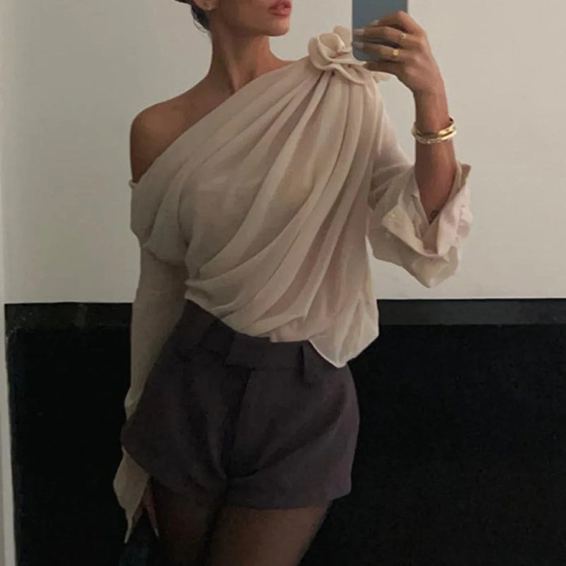 Chiffon One Shoulder Ruched Lantern Sleeve Blouse