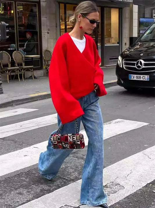 V-neck Autumn Outwear for Patchwork Long Sleeve Loose Jackets Top Coat