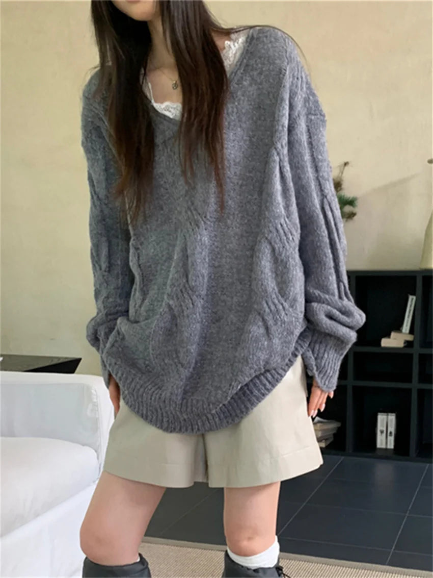 Grey Midlength Sweaters Retro Knitted Lace Patchwork Slim New Autumn Sweet Gentle Pullovers