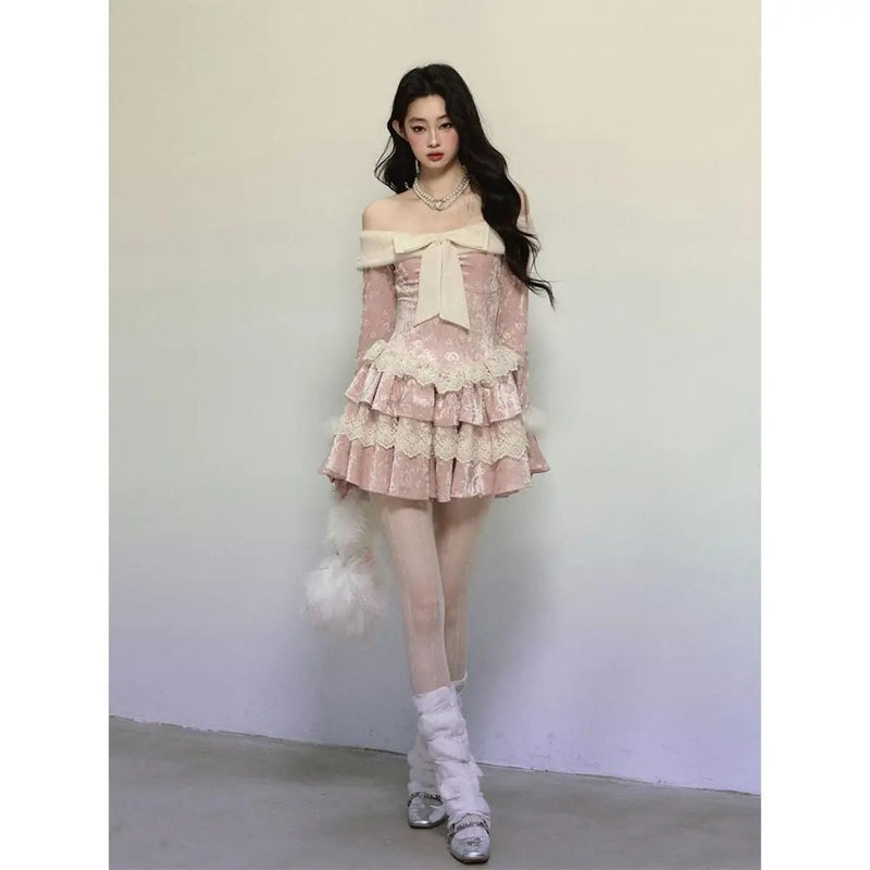Off Shoulder Long Sleeve Butterfly Knot Velvet Pink Dress for Winter New Retro Waist Slimming Lace Cake Mini Dress