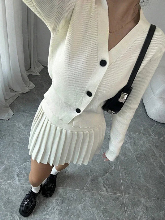 Female Knit 2 Piece-set Pleated Skirts Ribbed Cardigan Sweater and Skirt Sets Female Knitwear Outfits