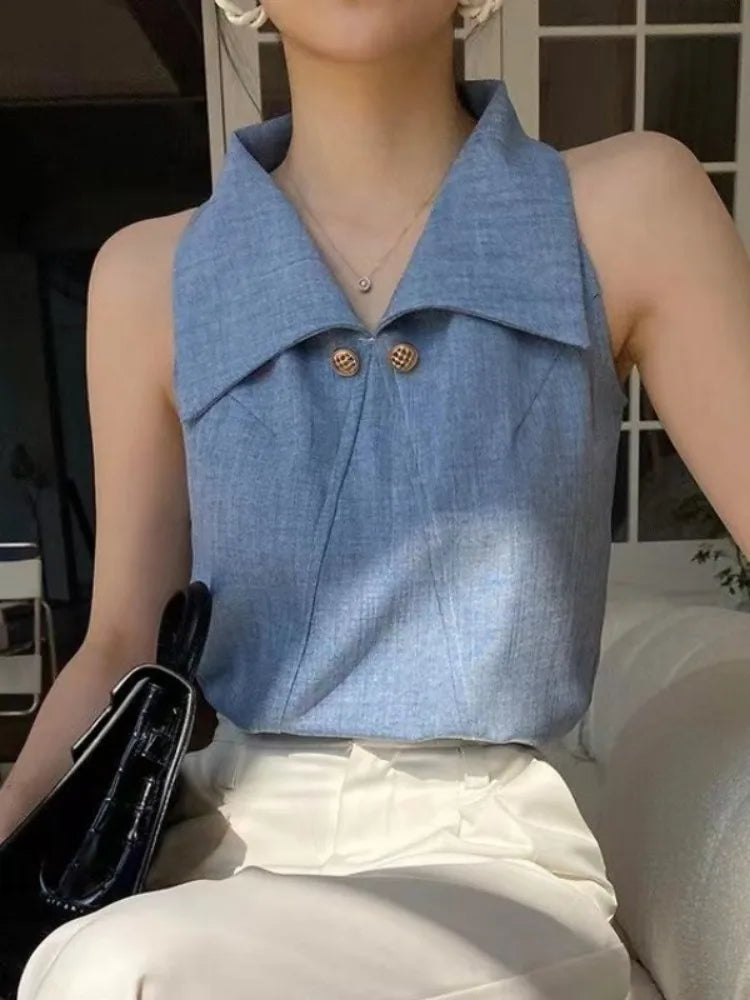 Temperament Lapel Blouse Sleeveless Off Shoulder Blue Shirts Office Lady Formal Tops Summer