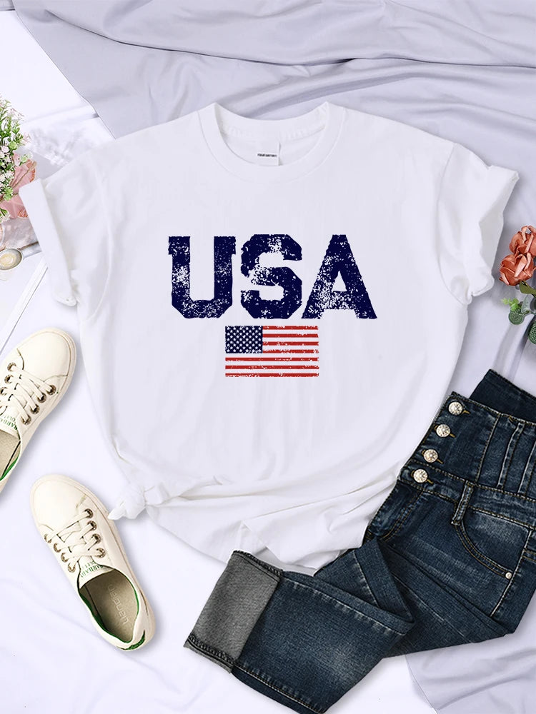 Usa Letters American Flag Stars and Stripes Printed T-shirts Street Hip Hop Tee Clothing Summer Breathable Tshirt Female