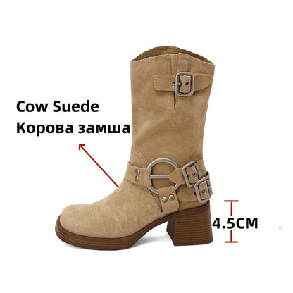 Cow Suede Leather Midcalf Boots Thick High Heels Autumn Winter Warm High Boots Motorcycle Boots Shoes