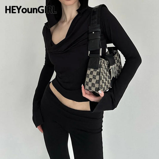 Basic Slim Fit Hooded Crop Top Elastic Long Sleeve Black T-shirt Swinging Collar Hoodies Pullover