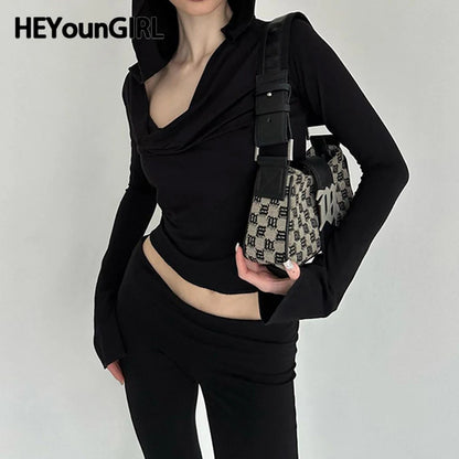 Basic Slim Fit Hooded Crop Top Elastic Long Sleeve Black T-shirt Swinging Collar Hoodies Pullover