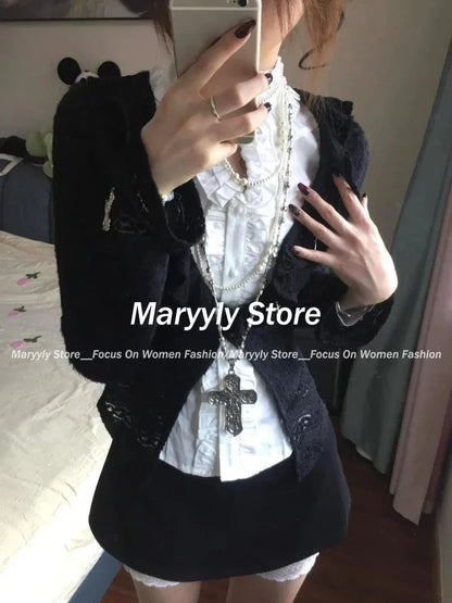 Autumn Y2k Gothic Outfits Long Sleeve Cardigan Coat + Ruched Hollow Out Shirts+ Lace High Waist Mini Skirts 3 Piece Sets