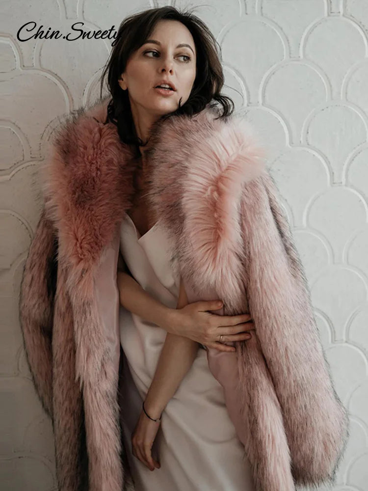 Winter Faux Fur Long Coat for Full Sleeve Fur Collar Oversize Female Jacket New Thick Warm Outwear