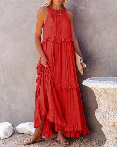 Summer Vacation Style Halter Neck Long Dresses Backless Leace-up Loose Ruffles Beach Dress Vestidos
