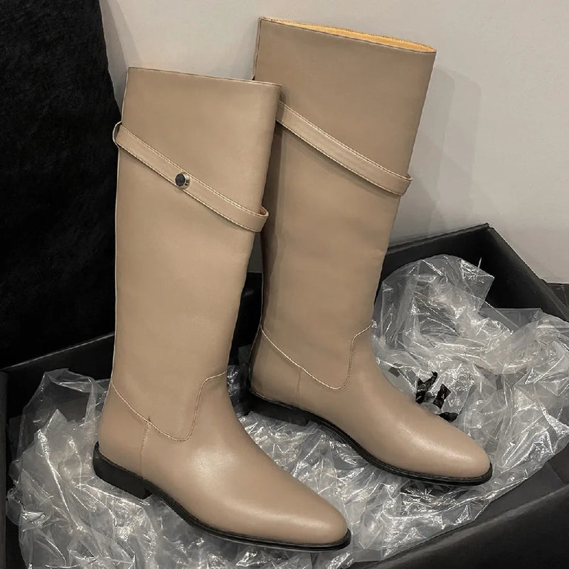 Genuine Leather Slipon Flats Autumn Knee High Knight Boots Female Long Winter Shoes for New