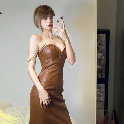 Sling Pu Faux Leather Slit Fit Long Dress Y2k Party Club Vacation Birthday Summer Clothing