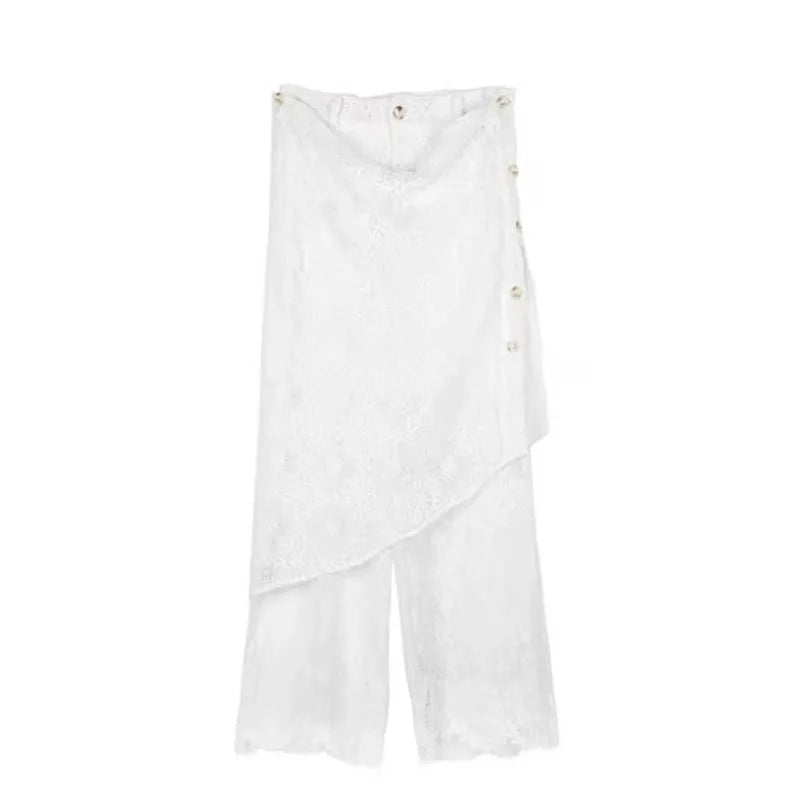 Fake Twopiece Slim Lace Wide Leg Pants Spring New Korean Removable High Waist Pleated Skirt Splicing Pants