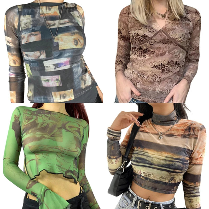 Fairy Grunge Shirt Basic Mesh Print Top E Girl Gothic Punk Style T-shirts Tees Clothes Street Tops Clothing