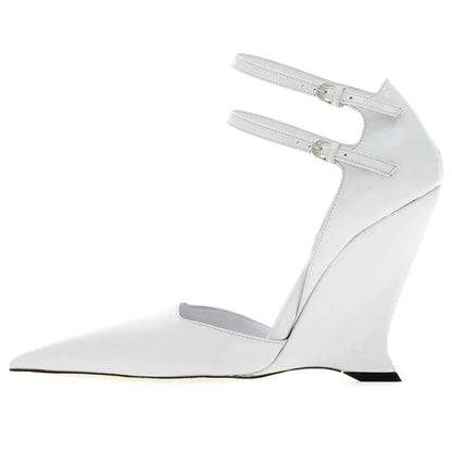 New Buckle Strap Patent Leather Wedges Sandals Pointed Toe High Heels Woman Dress Shoes Sandalias De Las Mujeres