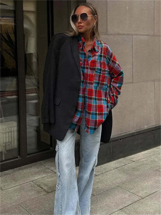 Patchwork Loose Shirts Female Patchwork Pocket Long Sleeve Contrast Autumn Outwear ’s Shirts Tee