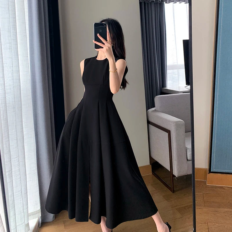 Summer New Black Sleeveless Aline Vest Dress Sweet Long Dresses Woman Party Club Dress Vestido
