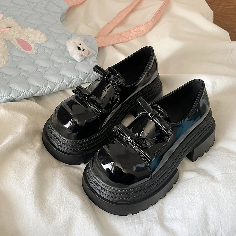 Loafers Shoes Slipon Bowknot Clogs Platform Black Flats Oxfords Slip on on Heels New Summer Butterfly Creepers Leather