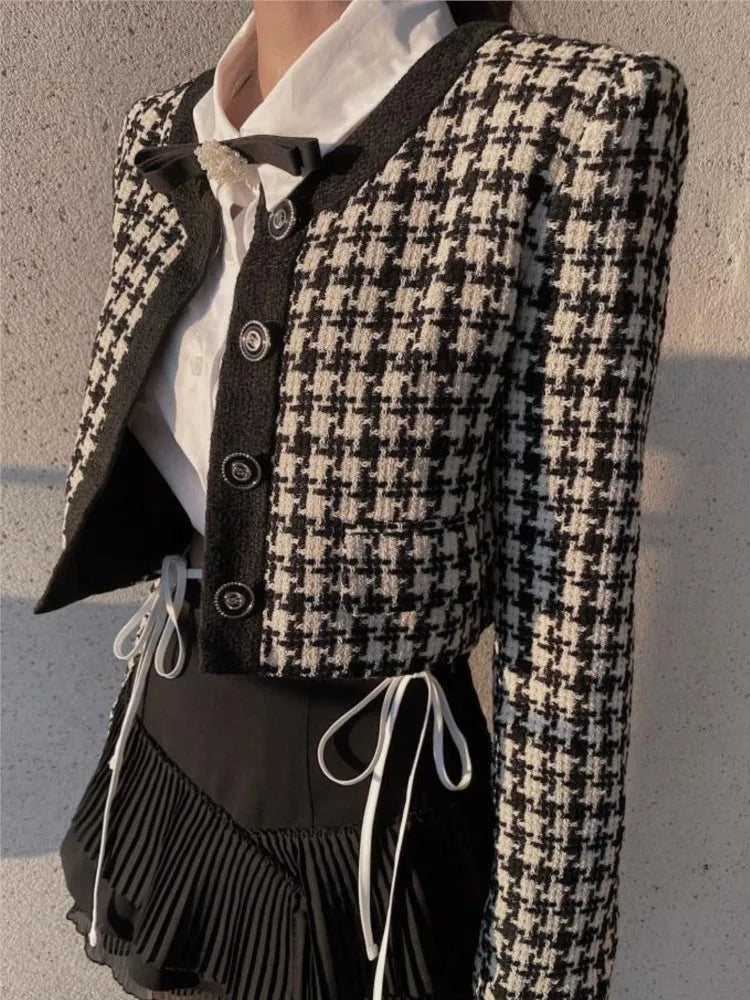 Cropped Jacket French Single Breasted Long Sleeve O-neck Top Autumn Y2k All-match Houndstooth Coats New